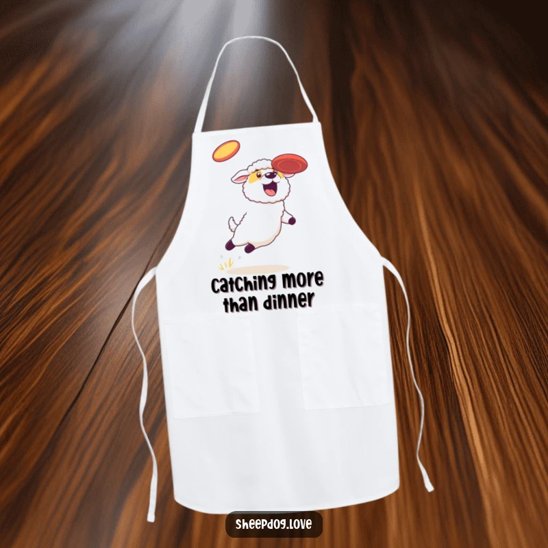 Funny sheepdog apron, depicting a dog leaping to catch a frisbee, ideal for kitchen fun and protecting clothes.