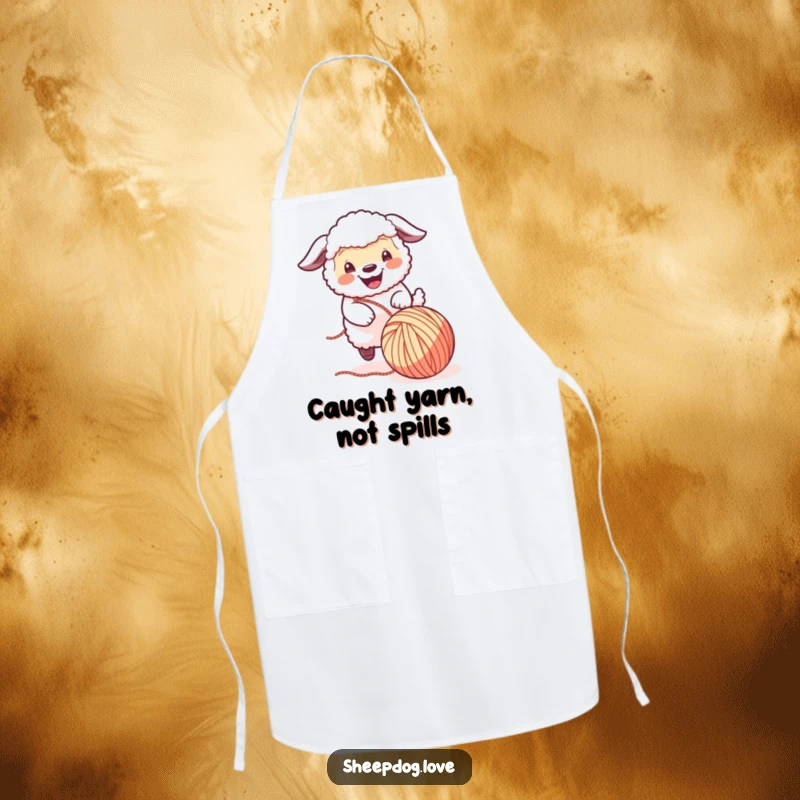Funny Sheepdog Apron: A cheerful sheepdog joyfully plays with a ball of yarn, bringing humor and canine cuteness to your kitchen and cooking.
