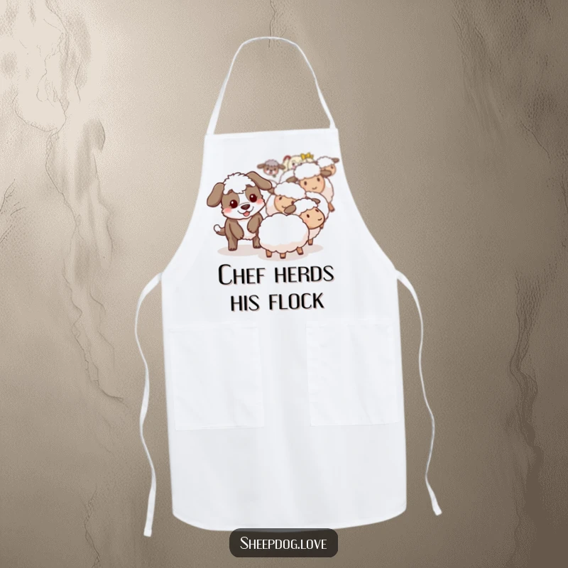 Funny sheepdog apron showing a playful sheepdog helping to guide a sheep, perfect for a kitchen helper.