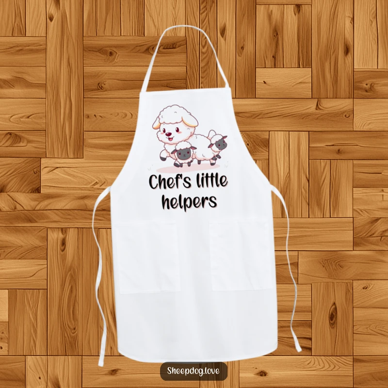 Funny Sheepdog Apron: Fluffy sheepdog playfully herding tiny, bouncing sheep while you cook and create.