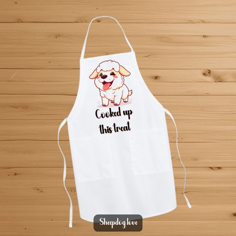Funny Panting Sheepdog Apron showing a happy sheepdog panting with its tongue out, ready to cook with post-run enthusiasm.
