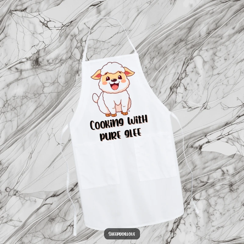 Funny Happy Sheepdog Apron showing a joyful sheepdog with its tail wagging enthusiastically, ready to cook with happiness.