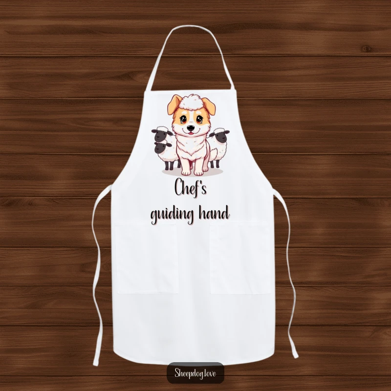 Funny apron with a determined sheepdog guiding sheep, designed for focused culinary endeavors.