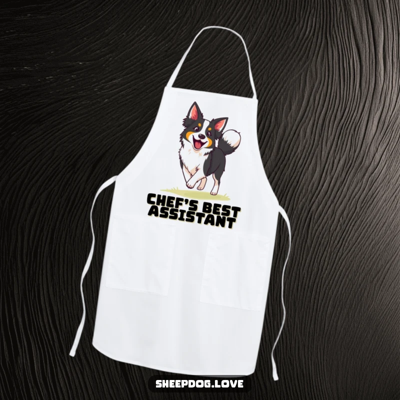 Funny border collie apron depicting an enthusiastic herding dog with a wagging tail, perfect for keeping clean with canine-themed humor.