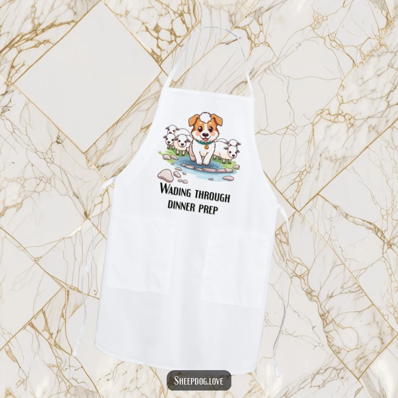 Funny Determined Sheepdog Apron showing a sheepdog guiding sheep across a stream, perfect for a focused and humorous kitchen experience.