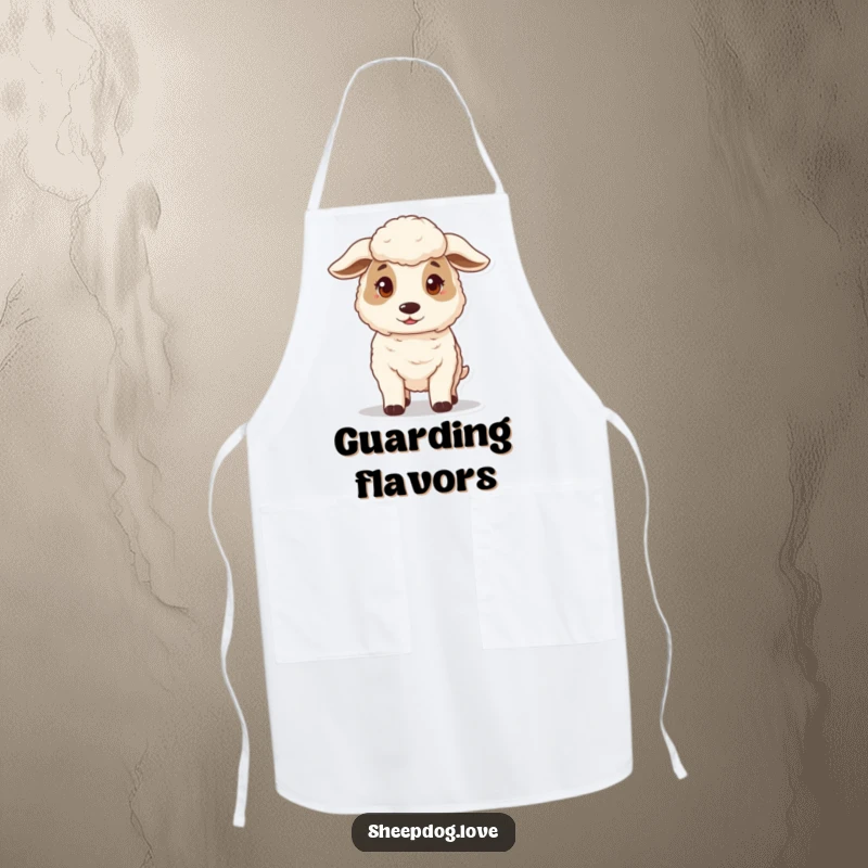 Funny chef apron with a gentle and protective sheepdog standing guard, suitable for kitchen use with a humorous theme.