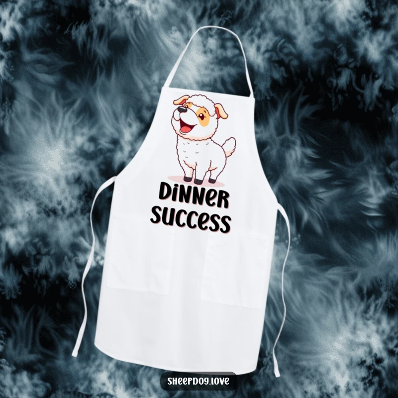 Funny chef apron with a sheepdog wagging its tail excitedly after a successful round-up, suitable for cooking with a humorous theme.