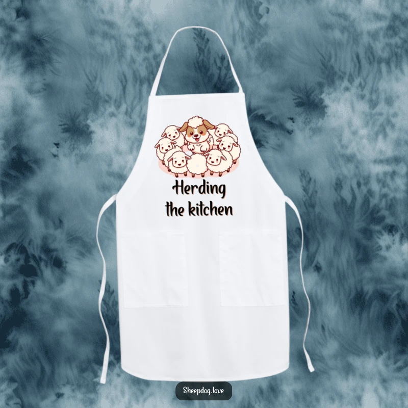 Funny apron depicting an energetic kawaii sheepdog herding fluffy sheep in a circle, perfect for adding humor to cooking duties.