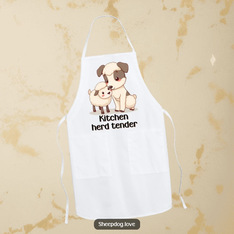 Funny Nudging Sheepdog Apron showing a sheepdog gently nudging a stray sheep, perfect for cooks with a caring touch.