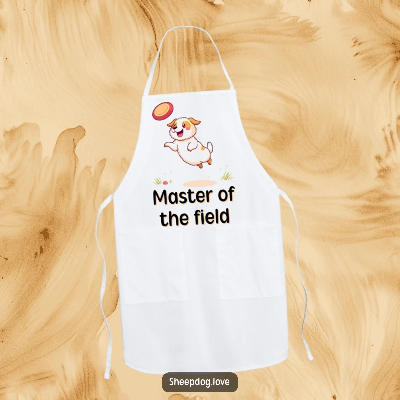Funny sheepdog apron showing a determined sheepdog ready to work in the kitchen, perhaps with a frisbee nearby.