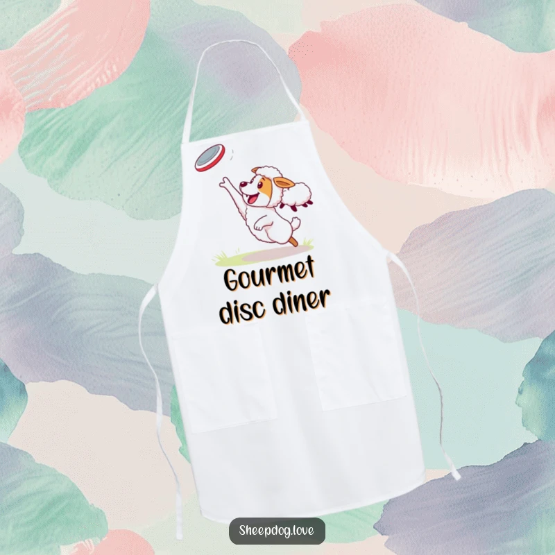 Funny Sheepdog Apron: Sheepdog energetically catching a frisbee thrown by a sheep while you prepare meals.