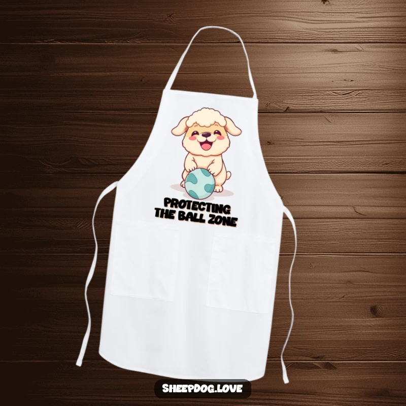 Funny sheepdog apron illustrating a dog barking playfully at a ball, a humorous and functional kitchen accessory.