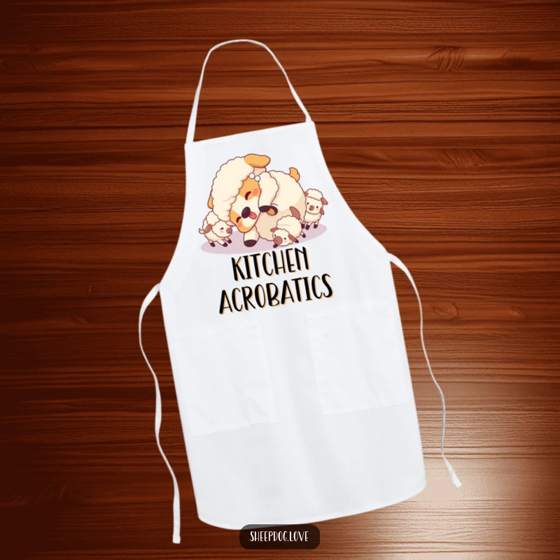 Funny Sheepdog Apron: Sheepdog doing a playful tumble surrounded by little sheep while you cook.