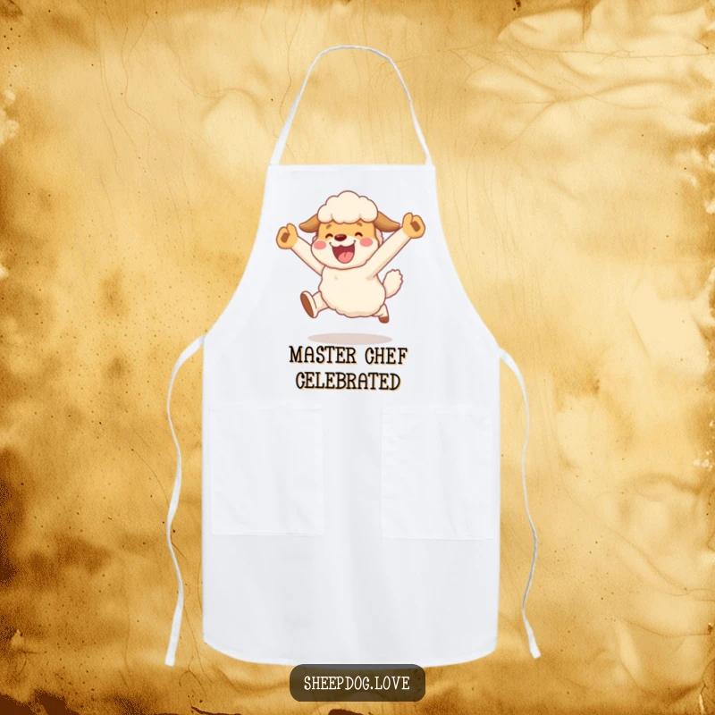 Funny apron featuring a sheepdog character doing a joyful, celebratory leap after herding, perfect for a humorous kitchen victory.