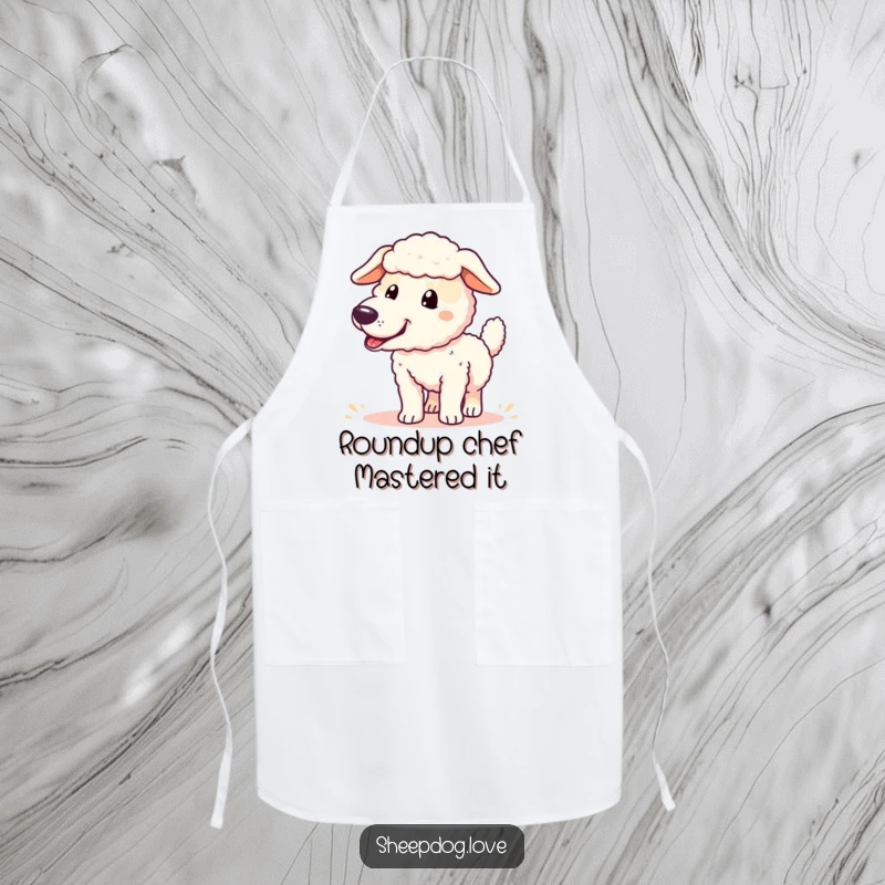 Funny sheepdog apron showing a grinning sheepdog with a vigorously wagging tail, ready for culinary success.