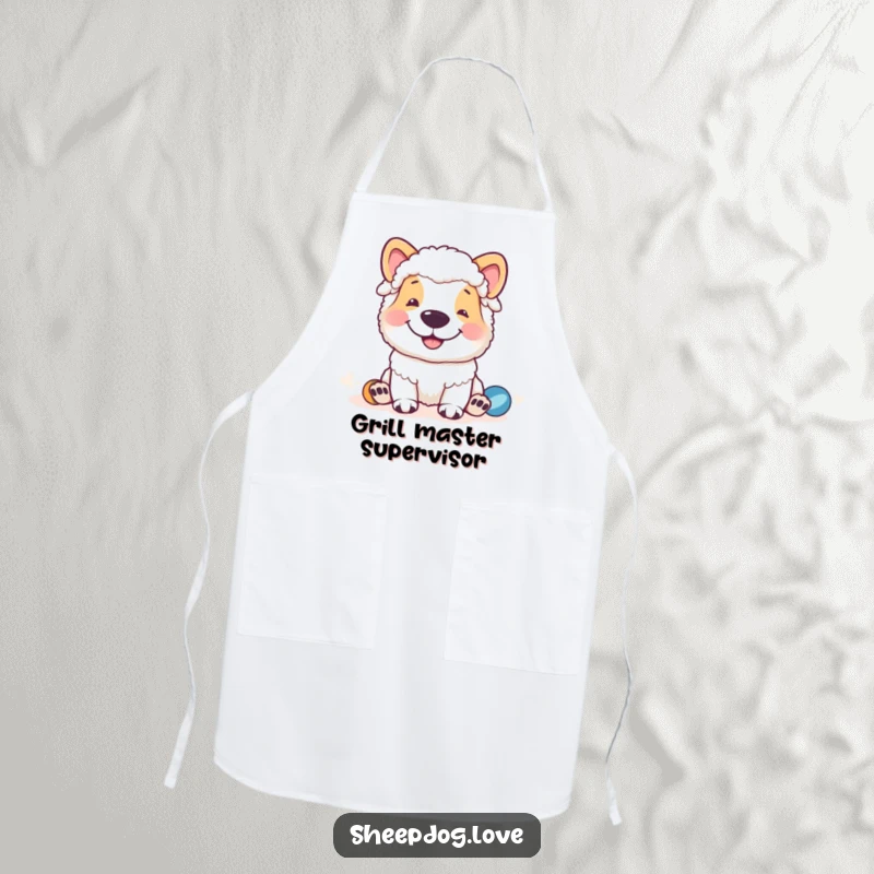 Funny sheepdog apron featuring a grinning sheepdog watching over playtime, a humorous and functional kitchen accessory.