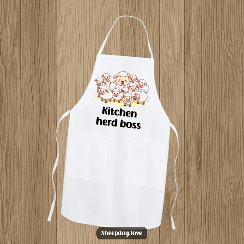 Funny apron with a happy sheepdog playfully herding fluffy sheep, designed for fun in the kitchen.