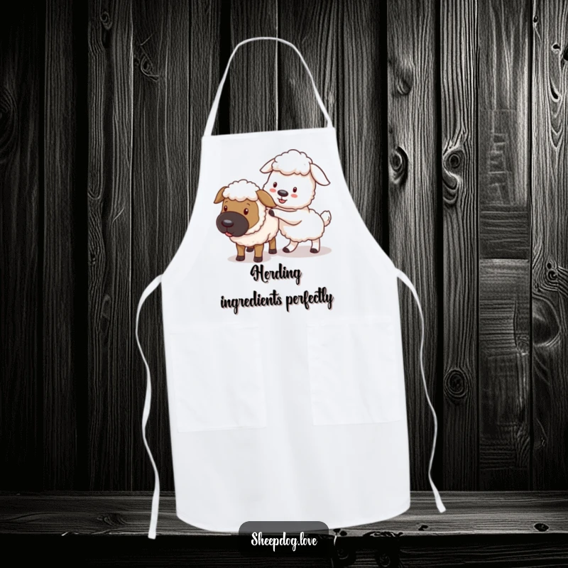 Funny sheepdog apron, depicting a playful dog nudging a stray sheep, ideal for kitchen fun and organization.
