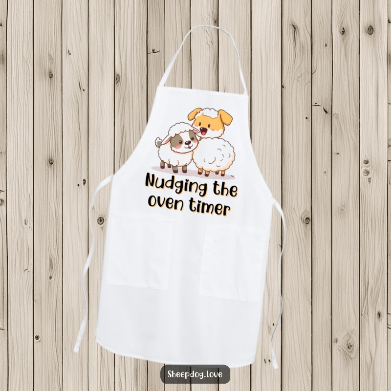Funny sheepdog playfully nudging a stray sheep on a humorous kitchen apron, perfect for the kind chef.