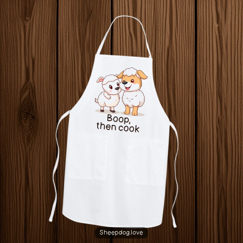 Funny sheepdog nudging sheep apron, depicting a dog playfully nudging a surprised sheep.