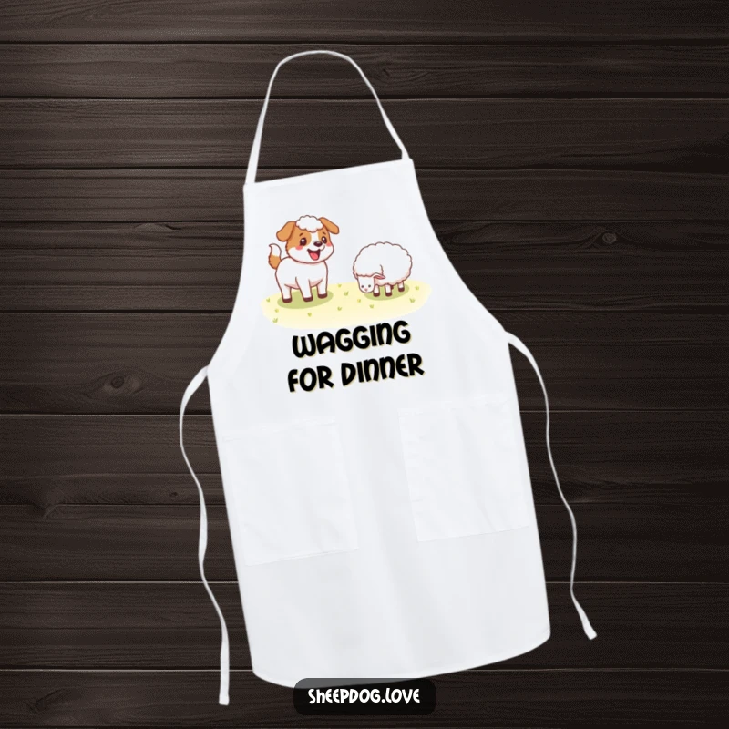 Funny Sheepdog apron showcasing a happy dog wagging its tail near sheep, ideal for adding humor to your culinary adventures.