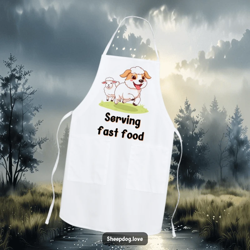 Funny Sheepdog apron featuring a happy dog with its tongue out, running near sheep, ideal for adding humor to your cooking.