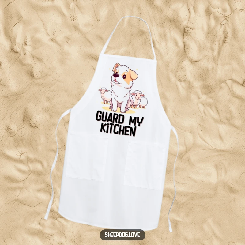 Funny guard sheepdog apron, depicting an alert dog watching the distance to guard sheep.