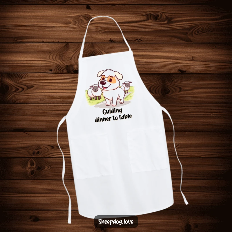 Funny sheepdog apron, depicting a determined, smiling dog guiding sheep across a path, ideal for kitchen leadership.