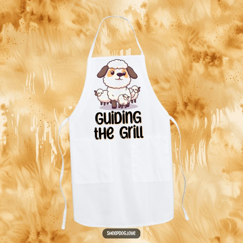 Funny Sheepdog Apron: A focused sheepdog strategically guides sheep, bringing precision, humor, and canine charm to your kitchen activities.