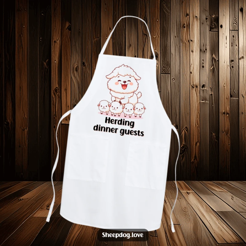 Funny sheepdog apron with a sheepdog joyfully herding fluffy sheep, kitchen charm, practical and humorous, a great funny gift.