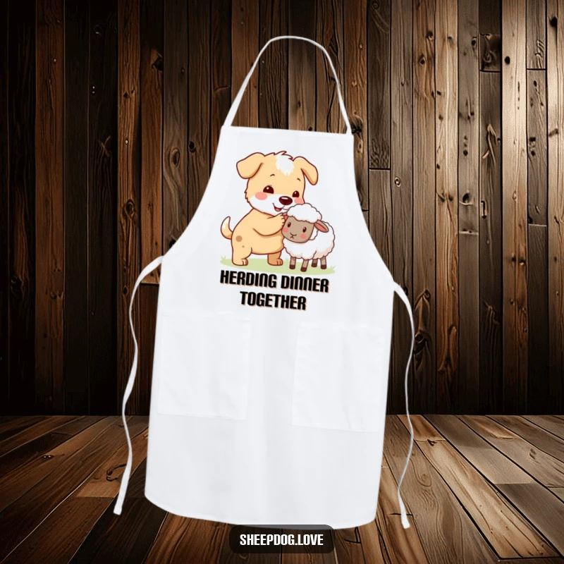 Funny sheepdog herding a stray sheep back to the group on an apron, ideal for kitchen duty.