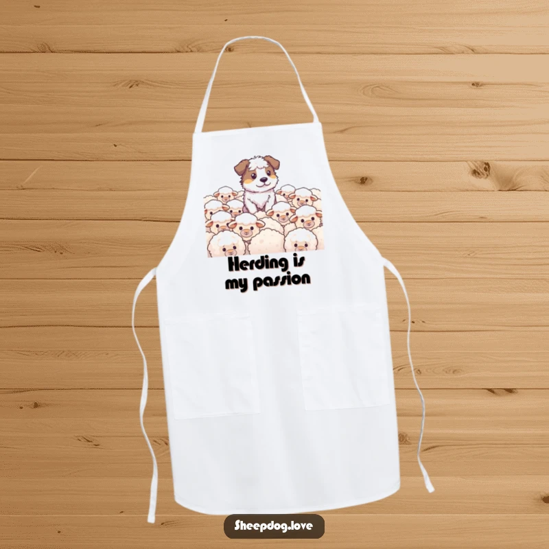 Funny Sheepdog Apron showing a focused sheepdog guarding a field of fluffy sheep, ideal for kitchen duties with a humorous touch.