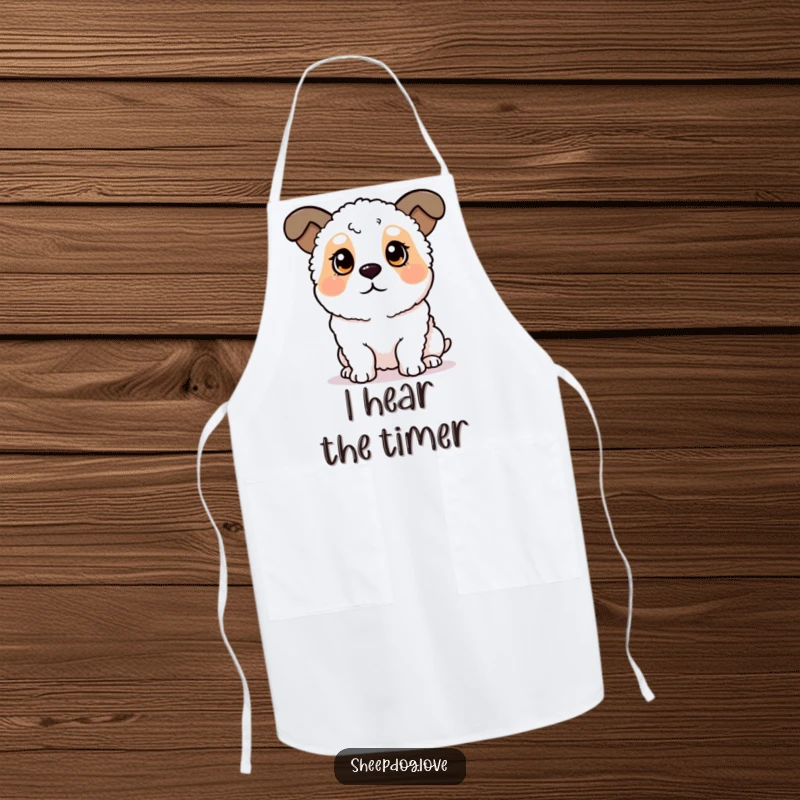 Funny sheepdog apron with a dog sporting perked ears, intently listening, ready for kitchen tasks. A delightful gift for cooks.