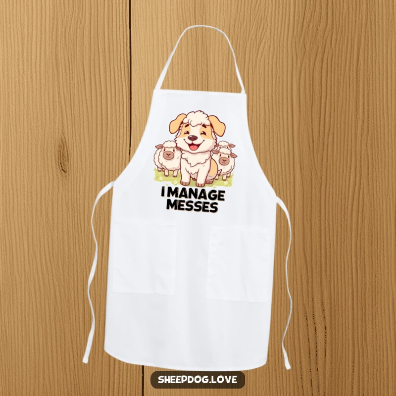 Funny apron with a grinning sheepdog expertly herding fluffy sheep, perfect for adding playful order to cooking.