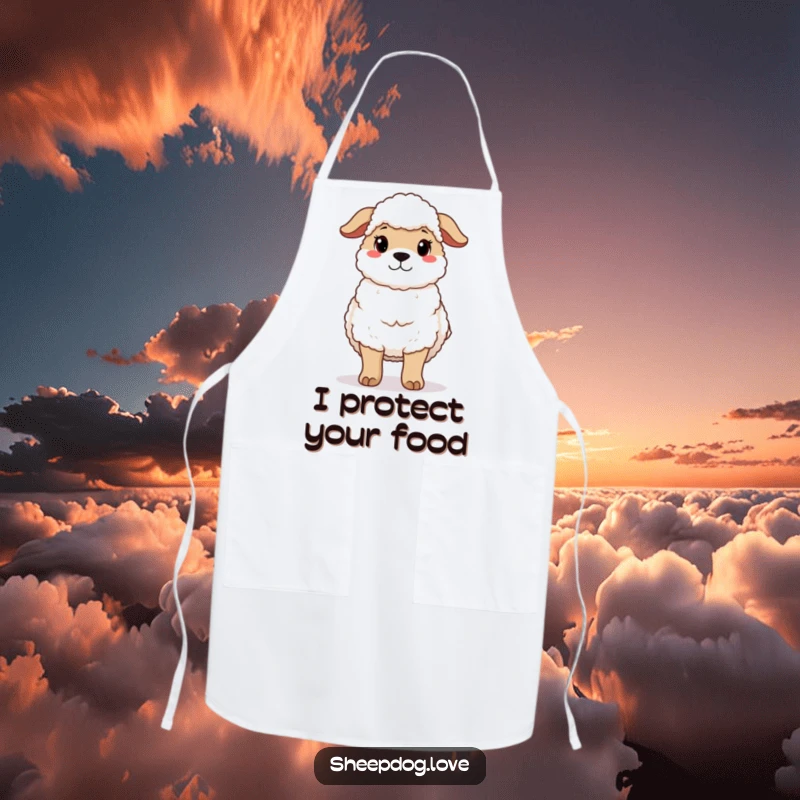 Funny apron with a protective sheepdog standing guard with a gentle expression, perfect for adding caring touch to cooking.