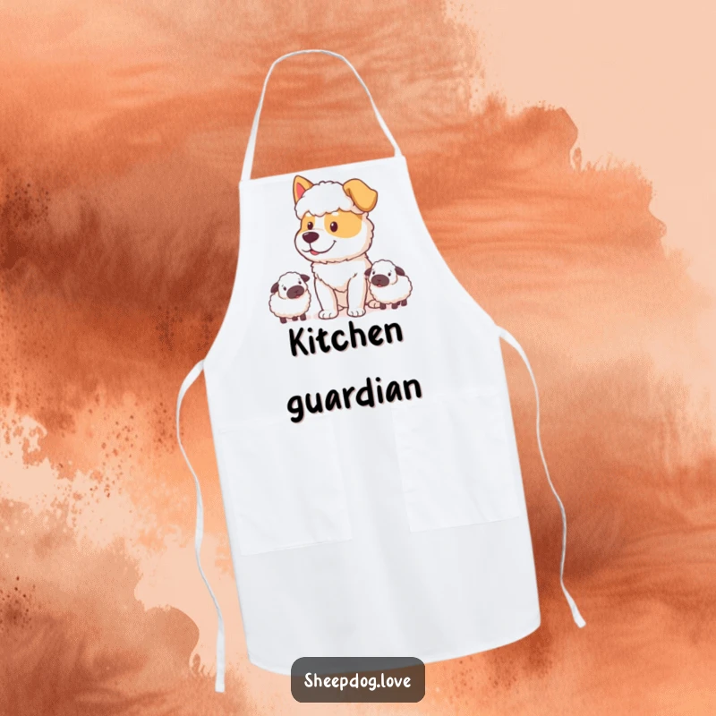 Funny Sheepdog Apron: Sheepdog with a determined, happy expression watching sheep while you cook.