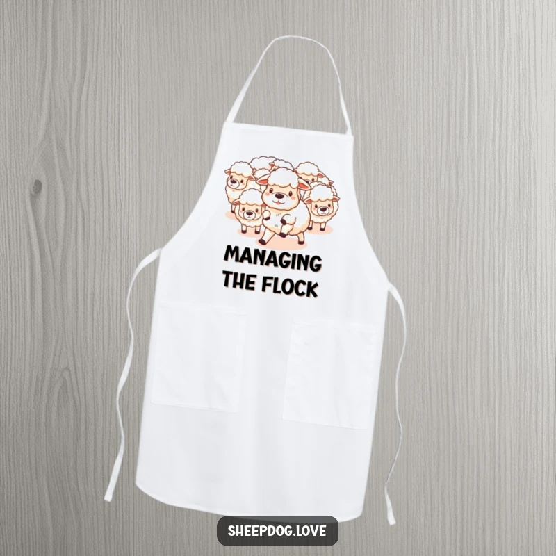 Funny Apron: Sheepdog herding fluffy sheep, bringing farm humor and energy to the kitchen, a great funny gift.