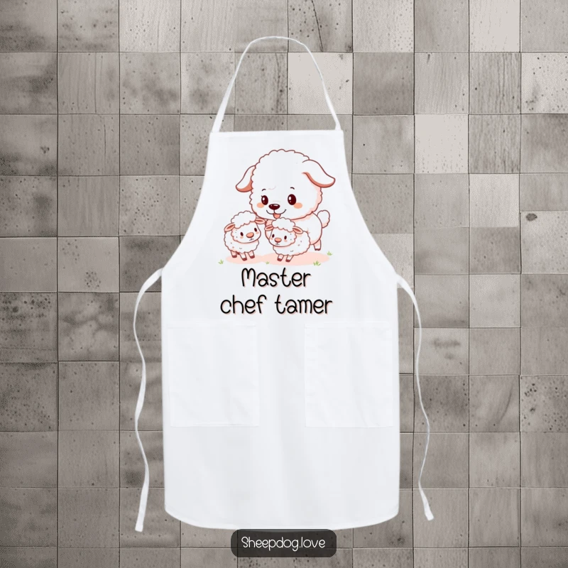 Funny Sheepdog Apron depicting a determined yet playful sheepdog expertly herding tiny, bouncy sheep while cooking.