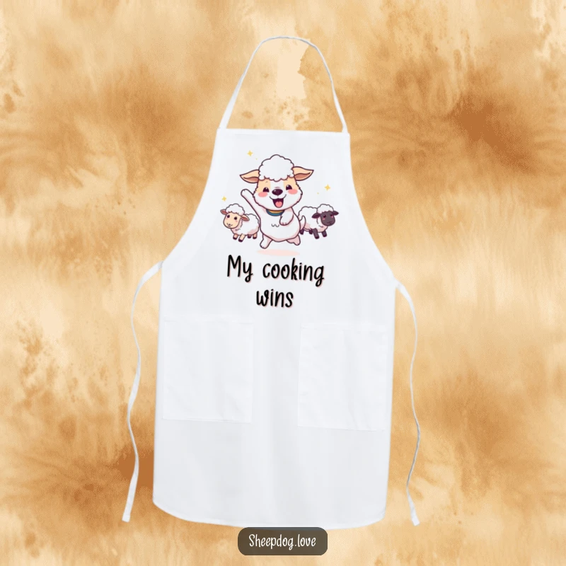 Funny happy sheepdog doing a victory spin with sheep in tow on an apron, ideal for kitchen celebrations.