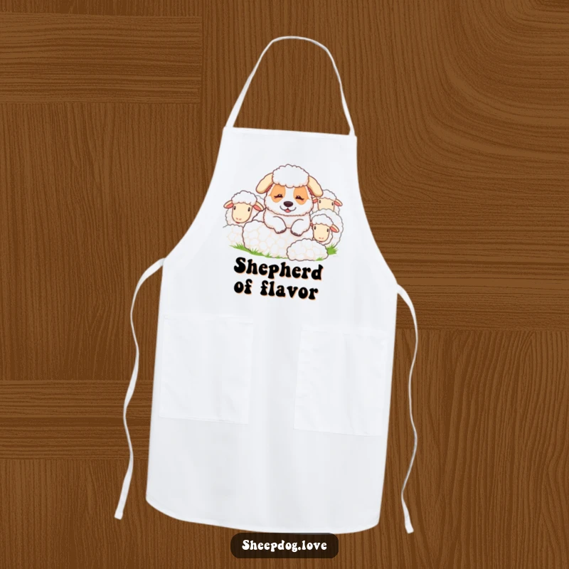 Funny sheepdog apron featuring a relaxed sheepdog among sheep, a humorous kitchen accessory for chefs and bakers.
