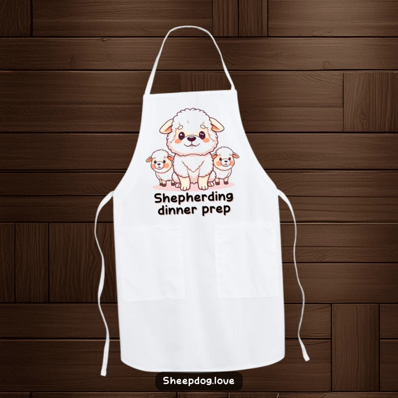 Funny apron featuring a fluffy sheepdog looking proudly at its flock, perfect for a humorous and protective cooking experience.