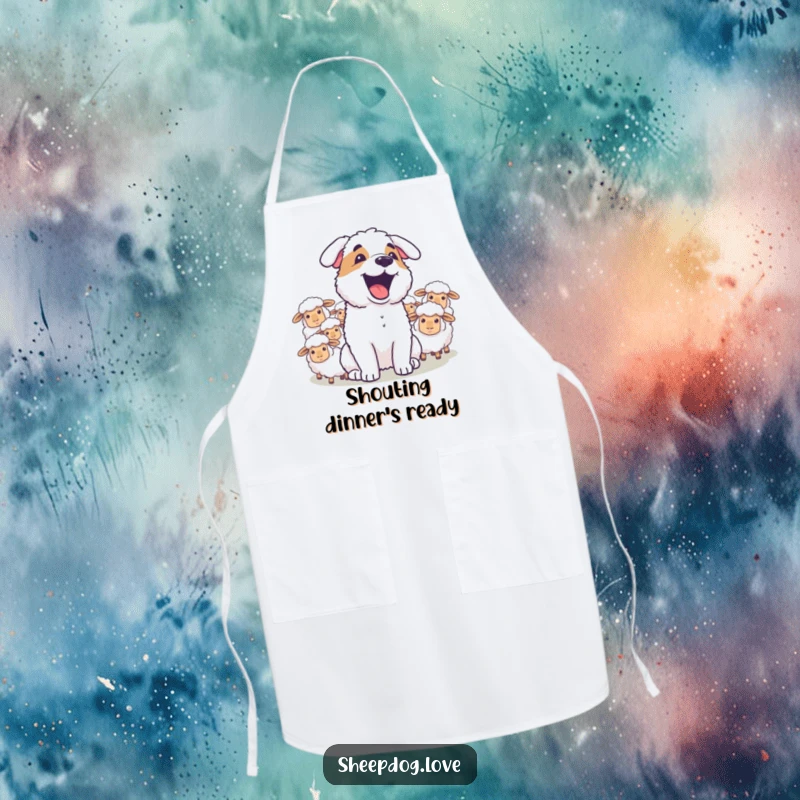 Funny sheepdog joyfully barking at sheep while a cook prepares food on a humorous kitchen apron.