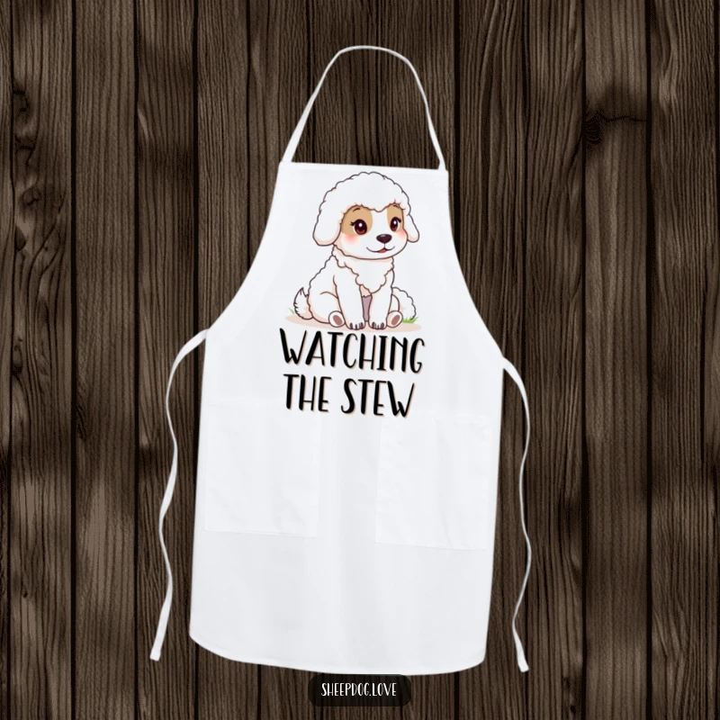 Funny sheepdog apron with a calm dog watching sheep, practical and humorous for the kitchen.