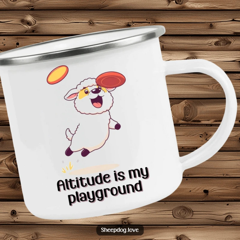 Funny sheepdog camping mug, showing a dog in mid-air, expertly snagging a frisbee, ready for outdoor fun.