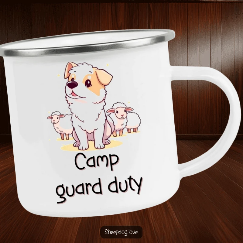 Funny guard sheepdog camping mug, depicting an alert dog watching the distance to protect sheep.