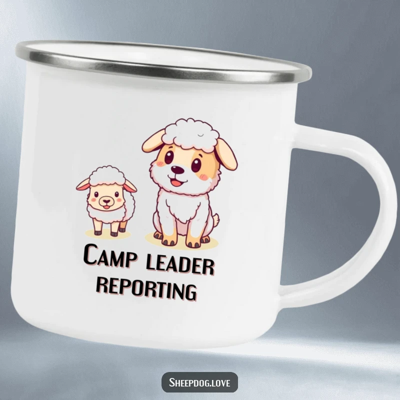 Funny Sheepdog camping mug showing a pleased dog with sheep following, ready for outdoor excursions and warm beverages.