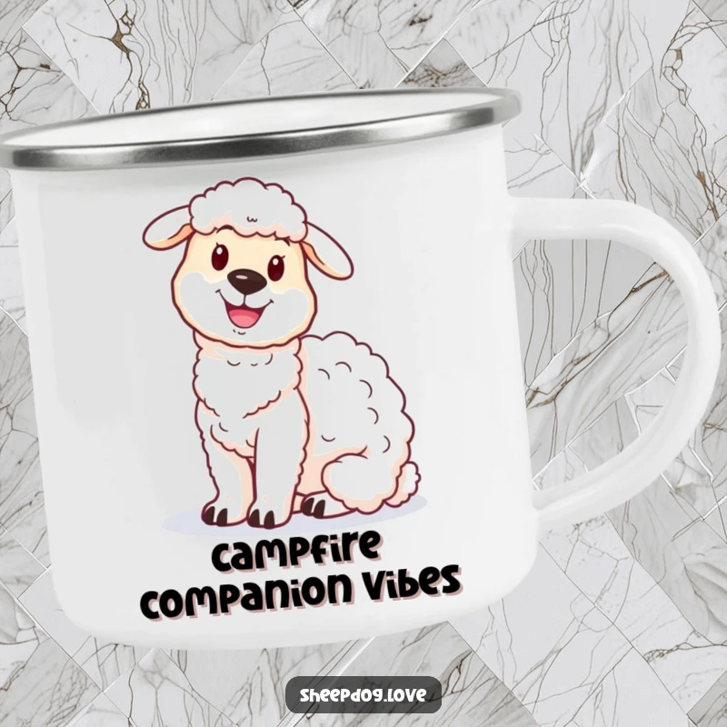 Funny sheepdog camping mug showing a proud sheepdog sitting beside a fluffy sheep, ready for wilderness adventures.