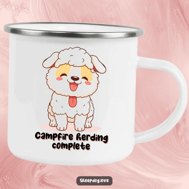 Funny sheepdog camping mug with a happy panting herder dog, durable and humorous for outdoor enthusiasts.