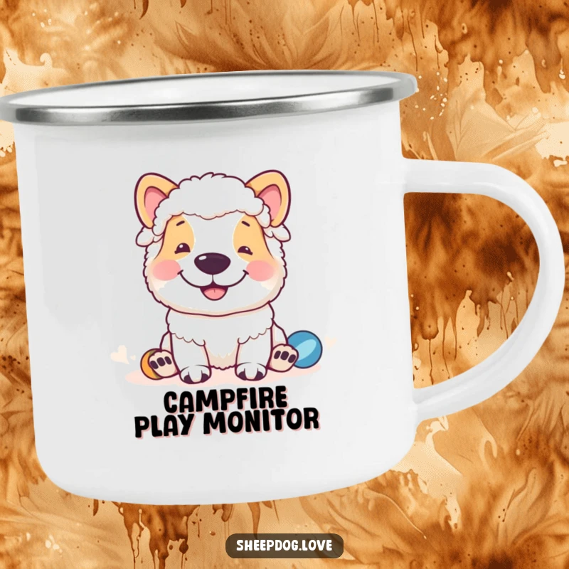 Funny sheepdog camping mug with a grinning sheepdog watching playful sheep, ideal for humorous outdoor sipping.