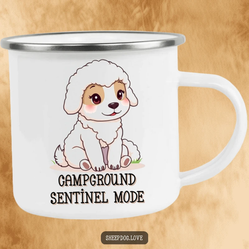 Funny sheepdog camping mug with a calm dog watching sheep, durable and humorous for outdoor lovers.